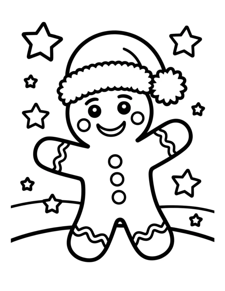 Cute Gingerbread Man Wearing Santa Hat with Stars