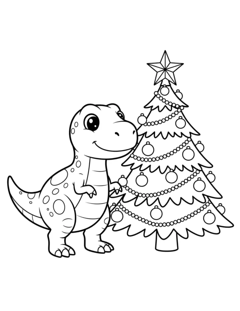 Dinosaur Next to Christmas Tree