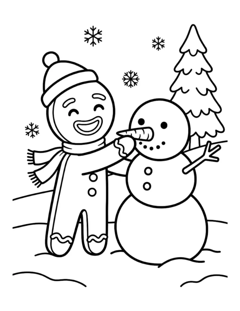 Gingerbread Man Putting Carrot Nose on Snowman