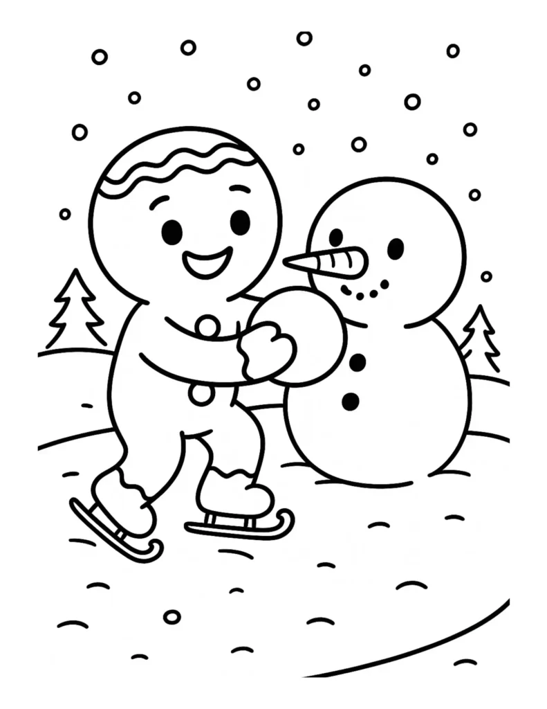 Gingerbread Man Building a Snowman