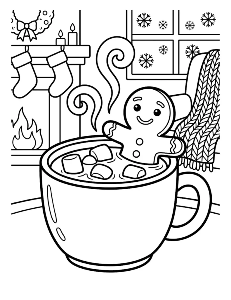 Gingerbread Man Relaxing in Hot Cocoa Mug