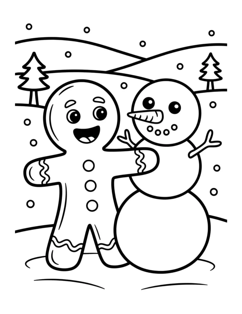 Gingerbread Man Standing with Snowman Friend