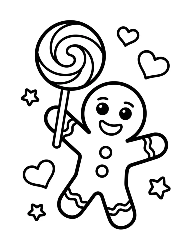 Happy Gingerbread Man with Candy and Hearts