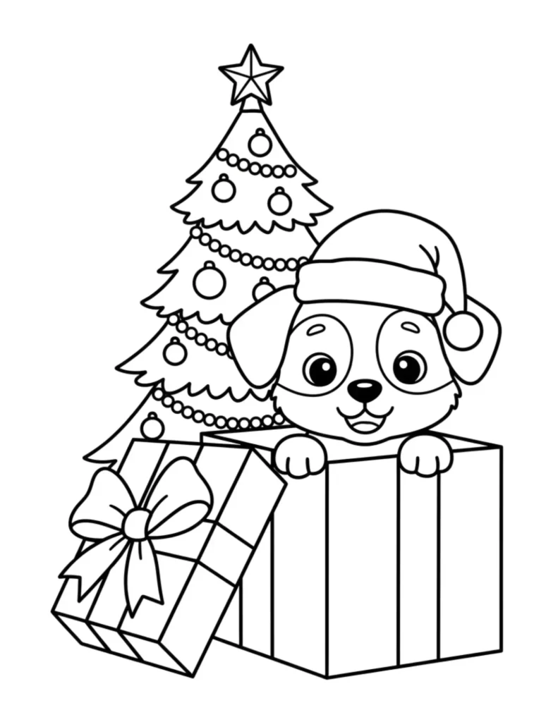 Puppy in Box Under Christmas Tree