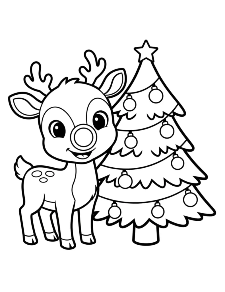 Rudolph Standing by Christmas Tree