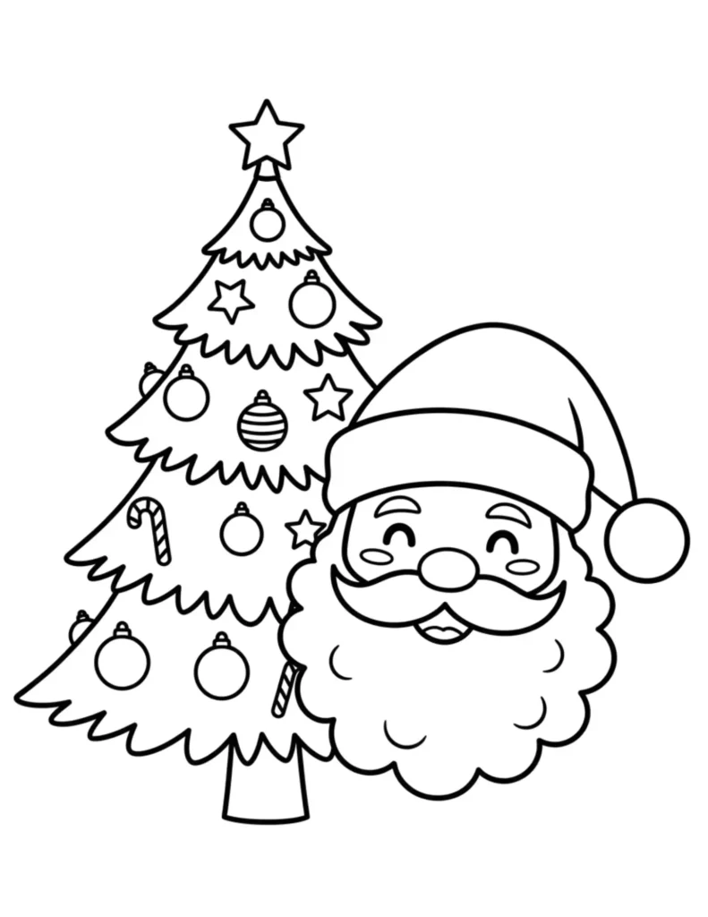 Santa Peeking Behind Christmas Tree