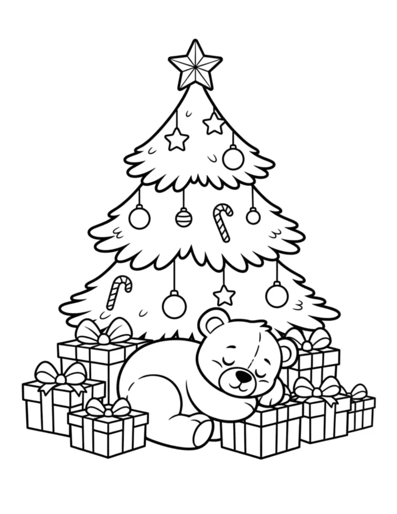 Teddy Bear Sleeping Under Christmas Tree