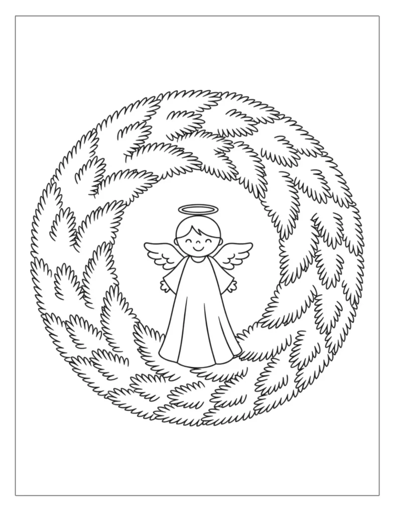 21 Christmas Wreath Coloring Pages (Free Printable PDF) 19 Angel Inside Wreath