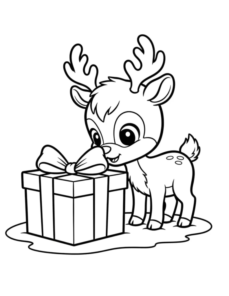 Baby Reindeer With Christmas Present Coloring Page