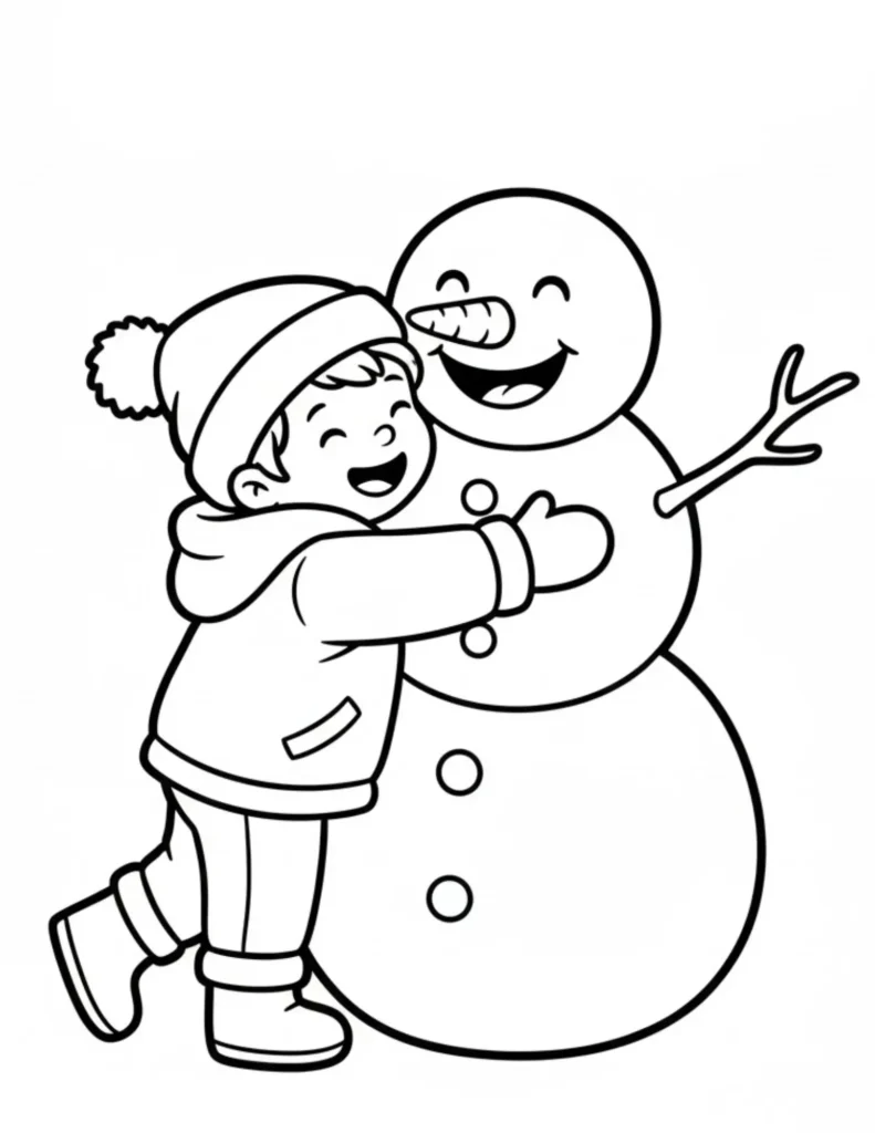 Boy Hugging a Snowman