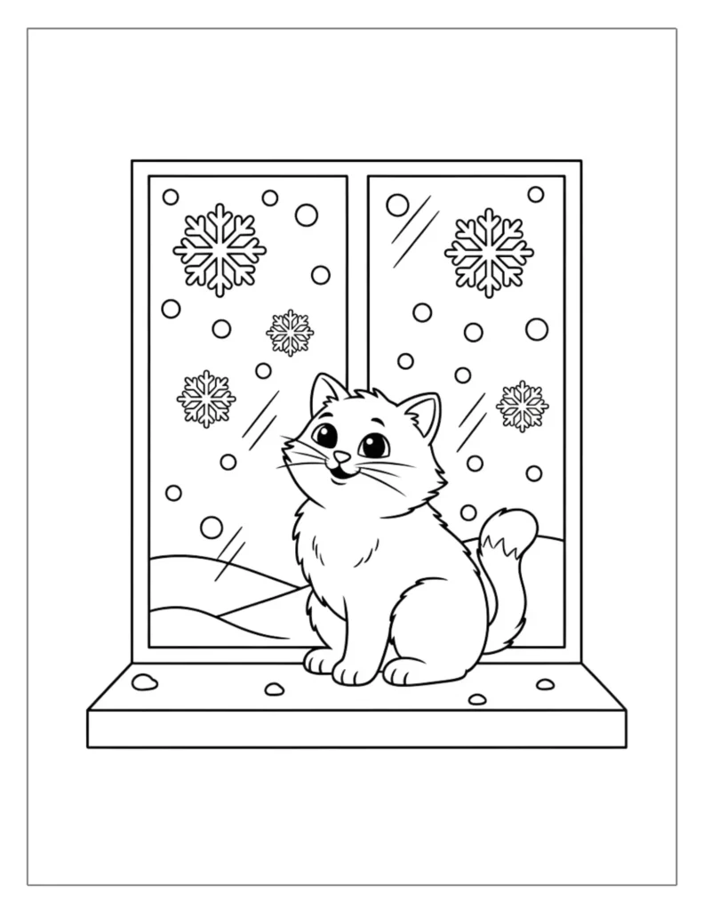 Cat Sitting by a Snowy Window