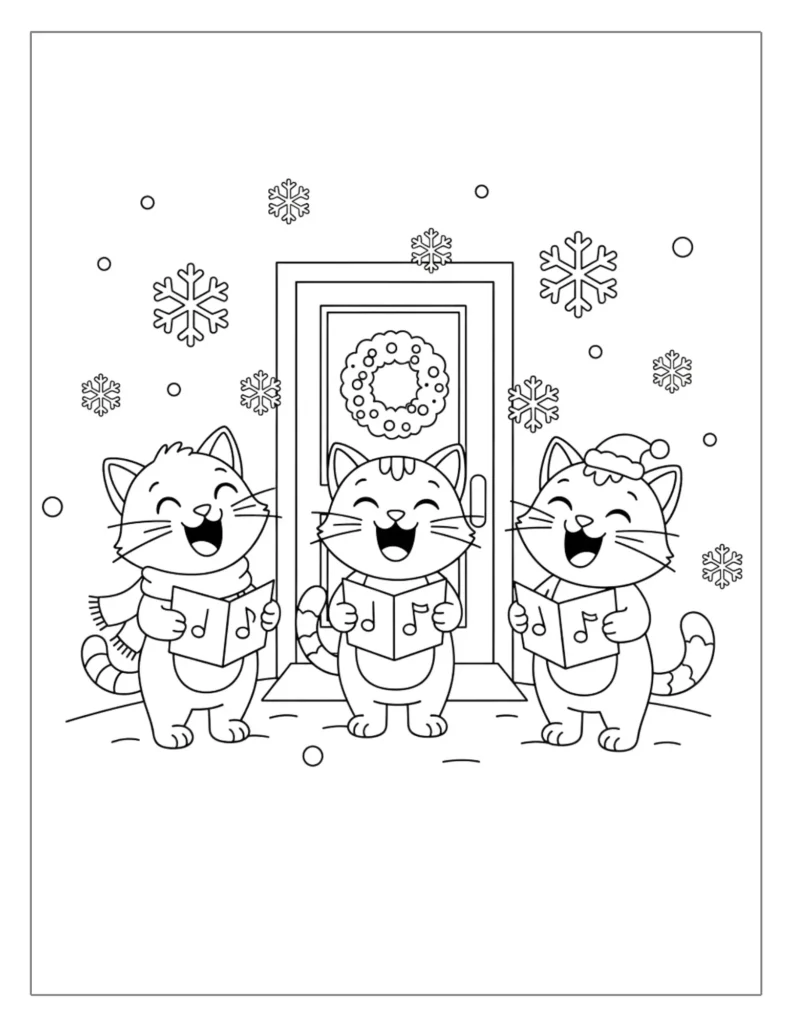 Christmas Caroling Cats Coloring Pages