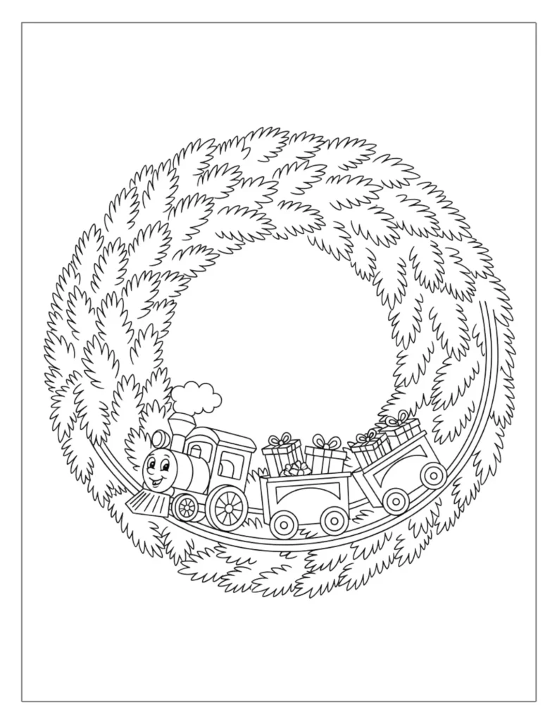 21 Christmas Wreath Coloring Pages (Free Printable PDF) 21 Christmas Train in Wreath