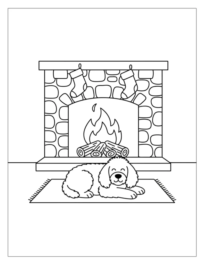 21 Christmas Dog Coloring Pages (Free Printable PDF) 14 Cozy Dog Resting by the Fireplace