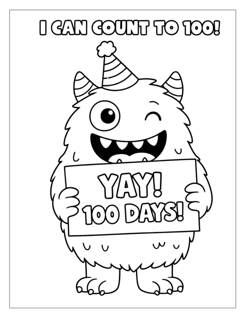 100th Day of School Coloring Pages (Free Printable PDF) 5 Cute monster 100th Day of School coloring pages