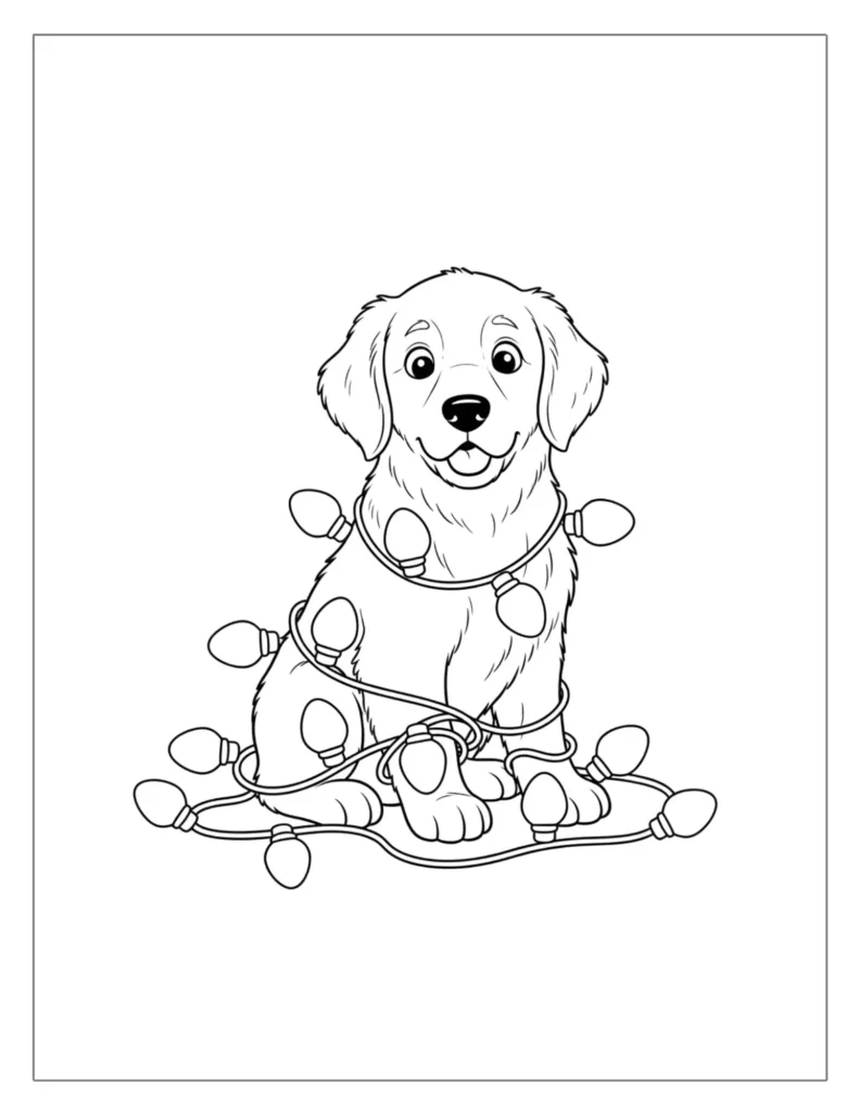21 Christmas Dog Coloring Pages (Free Printable PDF) 5 Dog Wrapped in Christmas Lights