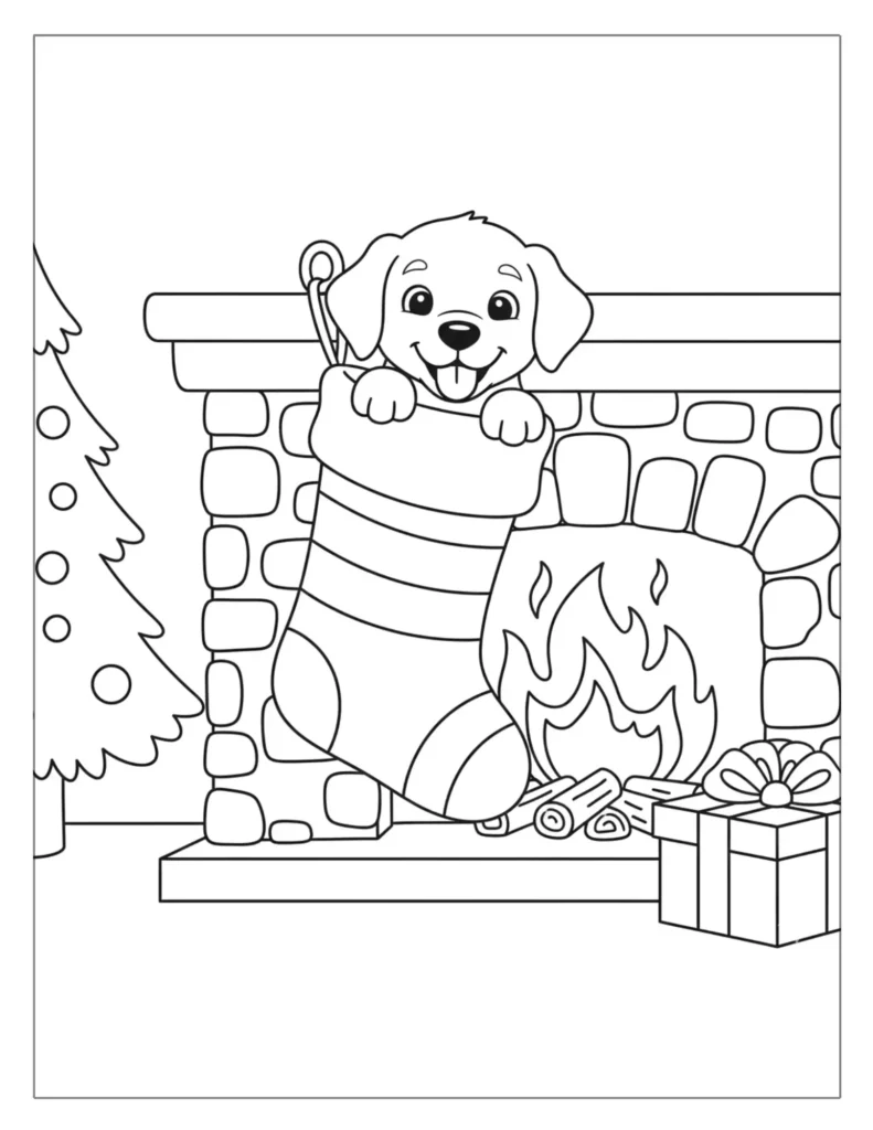 21 Christmas Dog Coloring Pages (Free Printable PDF) 12 Dog in Christmas Stocking by the Fireplace
