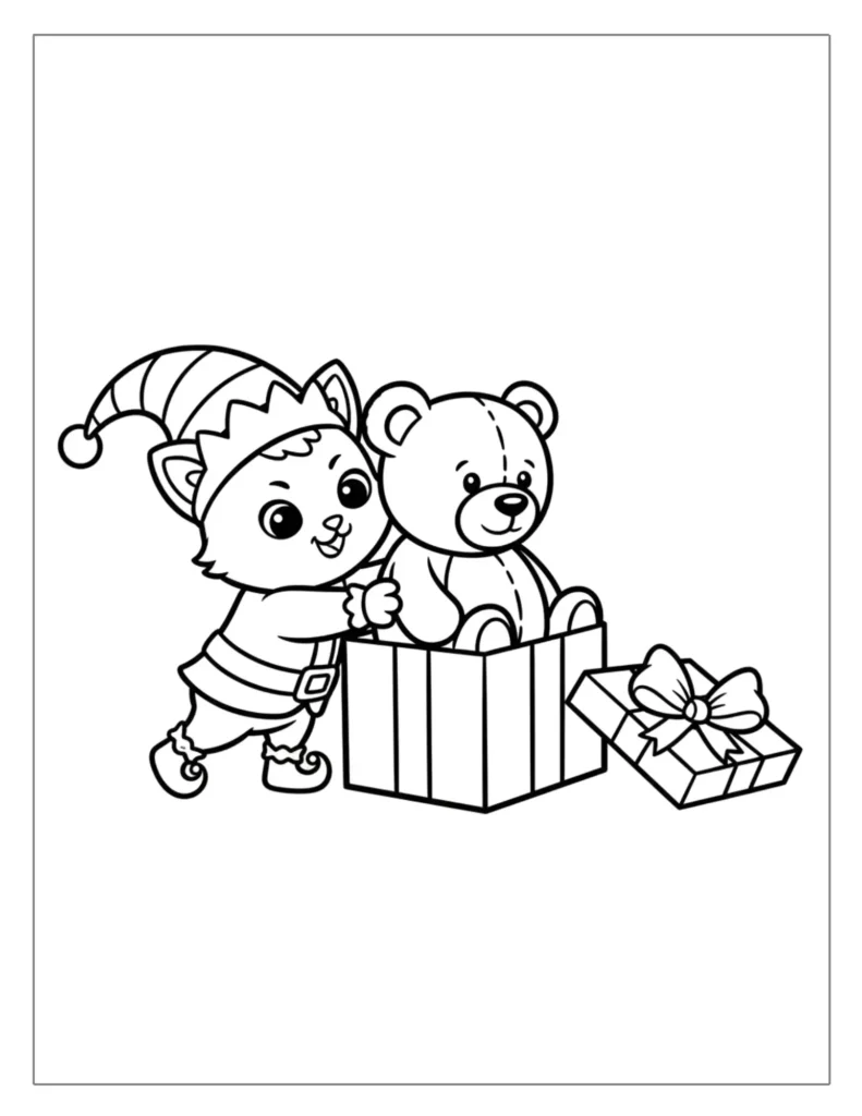 Elf Cat with Teddy Bear Gift