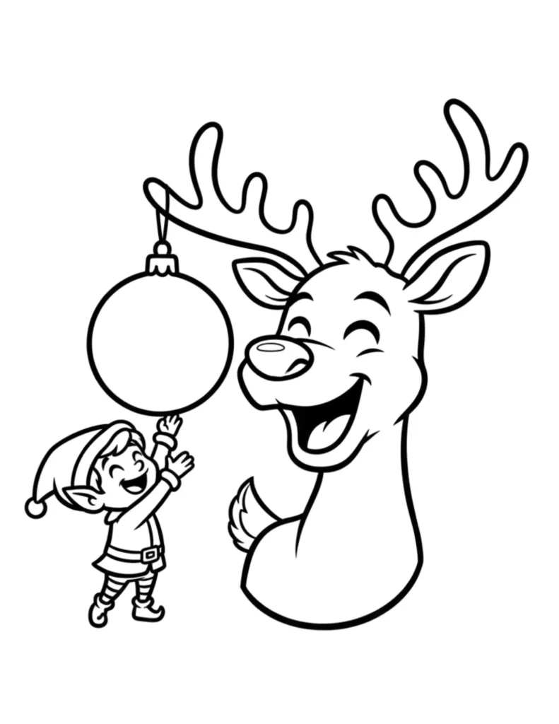 Elf Decorating a Reindeer Coloring Page