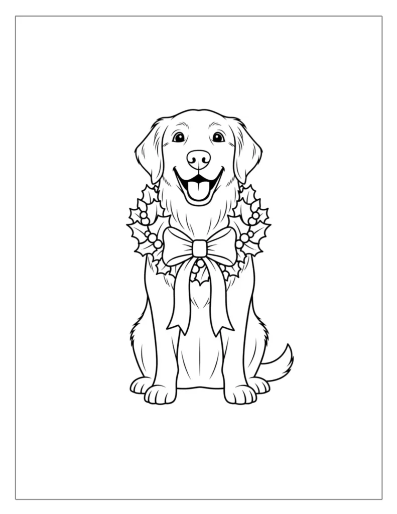 21 Christmas Dog Coloring Pages (Free Printable PDF) 6 Festive Dog with Holly Wreath