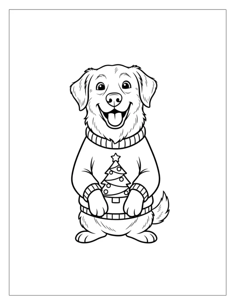 21 Christmas Dog Coloring Pages (Free Printable PDF) 4 Happy Dog in Christmas Sweater