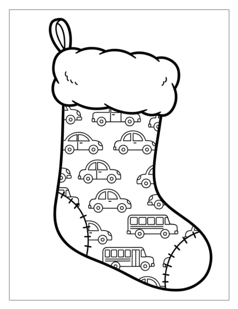 24 Christmas Stocking Coloring Pages (Free Printable PDF) 8 Little Cars Stocking Coloring Page