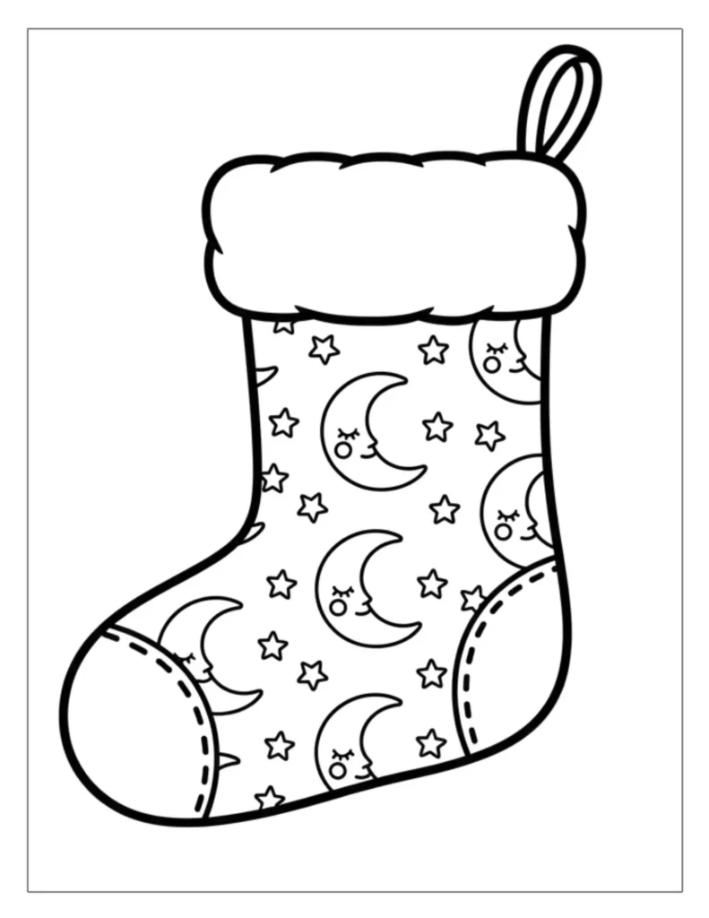 24 Christmas Stocking Coloring Pages (Free Printable PDF) 23 Moon and Stars Stocking Coloring Page