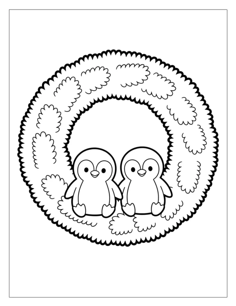 21 Christmas Wreath Coloring Pages (Free Printable PDF) 9 Penguins Inside Wreath