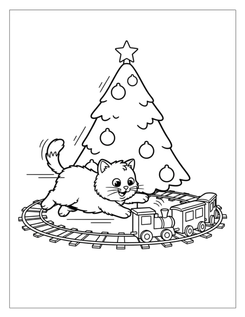 Playful Cat with Christmas Train