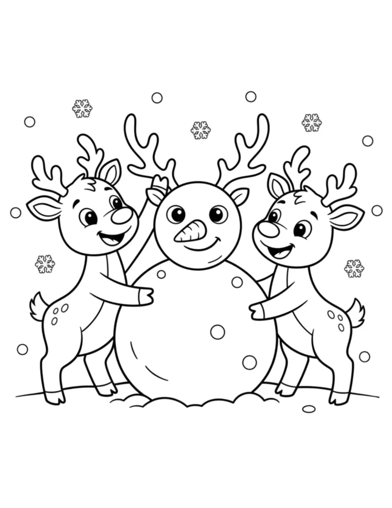 Reindeer Building Snowman