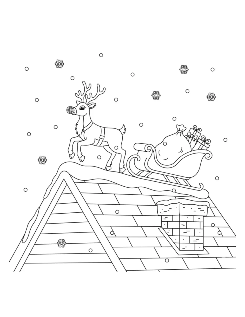 Reindeer on Rooftop With Santa’s Sleigh