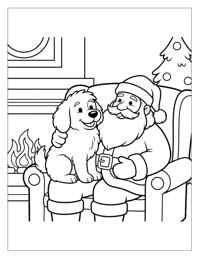 21 Christmas Dog Coloring Pages (Free Printable PDF) 22 Santa Claus with Puppy by the Fireplace