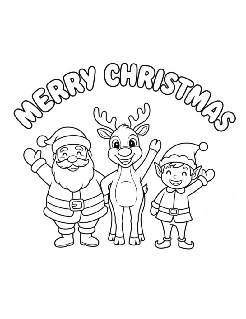 Santa, Elf, and Reindeer Merry Christmas Scene