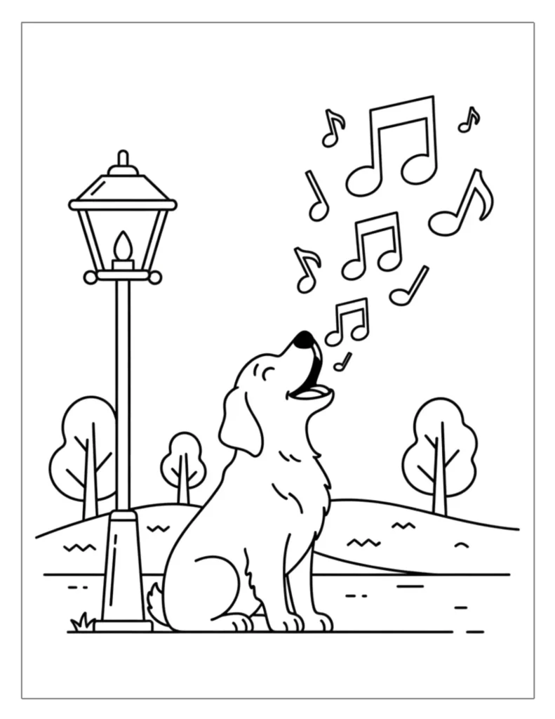 21 Christmas Dog Coloring Pages (Free Printable PDF) 11 Singing Dog at Christmas Night