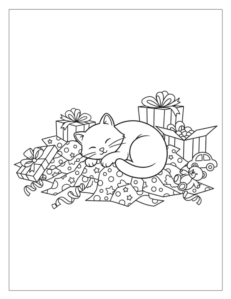Sleeping Cat on Christmas Presents