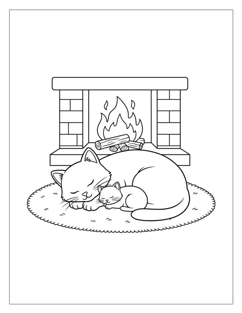 Sleeping Cats by the Fireplace