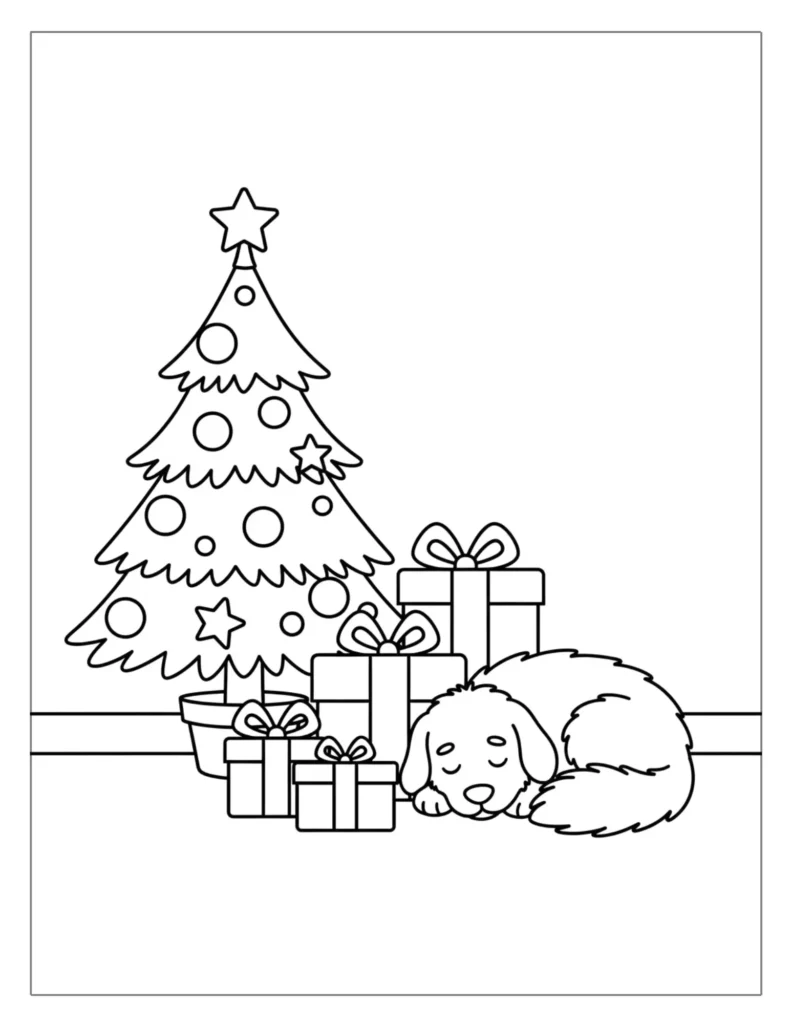 21 Christmas Dog Coloring Pages (Free Printable PDF) 13 Sleeping Puppy Under Christmas Tree