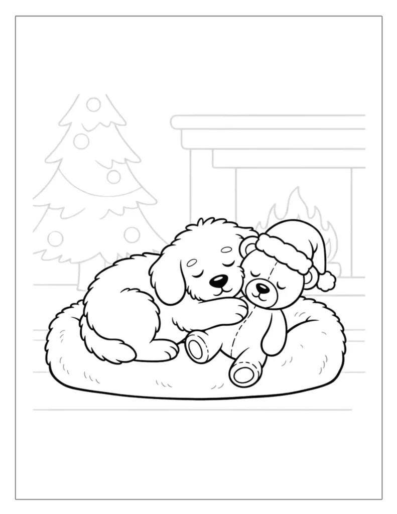 21 Christmas Dog Coloring Pages (Free Printable PDF) 21 Sleeping Puppy with Teddy Bear