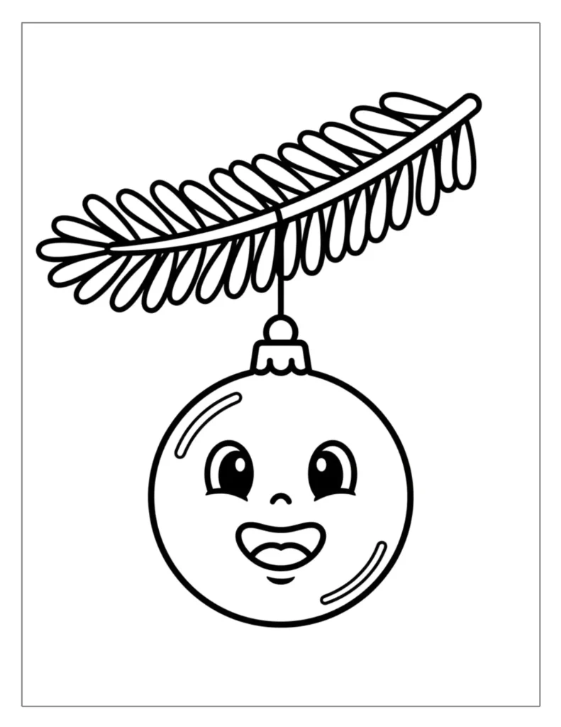 Smiling Bauble Hanging on Pine Branch