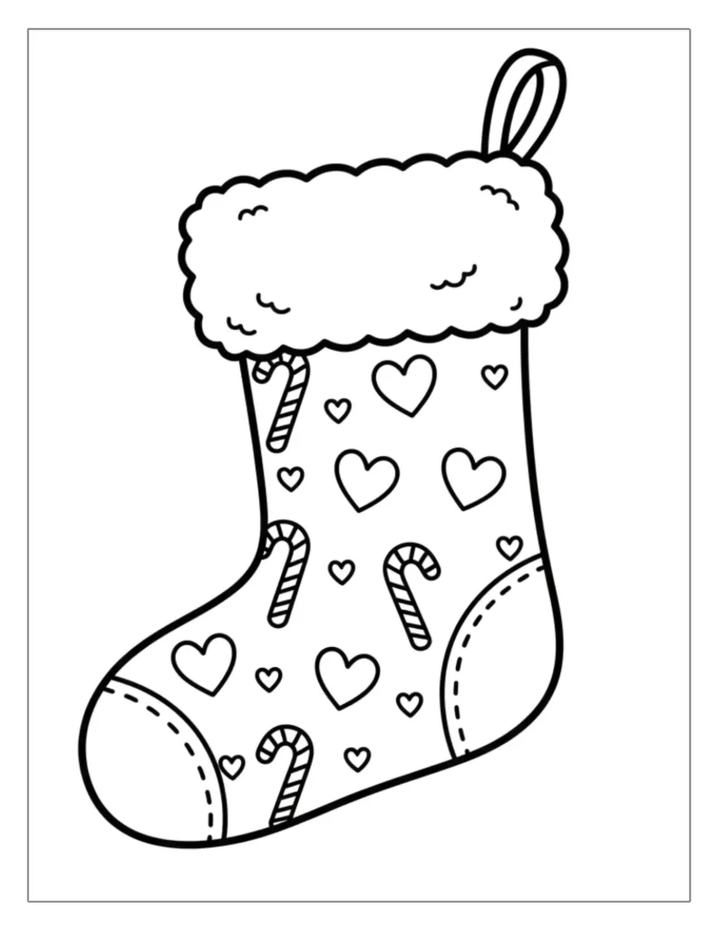 24 Christmas Stocking Coloring Pages (Free Printable PDF) 4 Stocking with Candy Canes and Hearts
