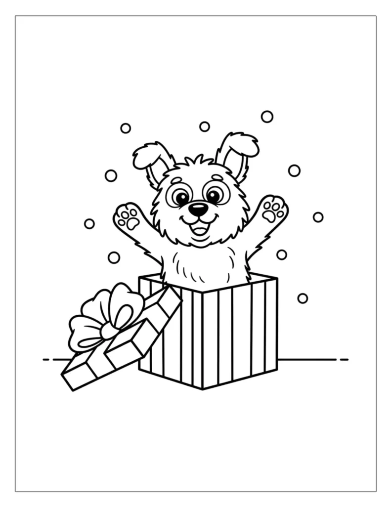 21 Christmas Dog Coloring Pages (Free Printable PDF) 17 Surprise Puppy in Christmas Gift Box