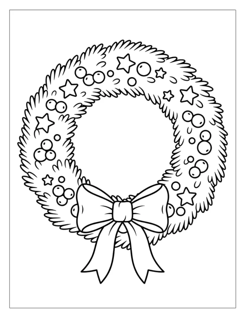 21 Christmas Wreath Coloring Pages (Free Printable PDF) 2 Wreath with Bow and Ornaments