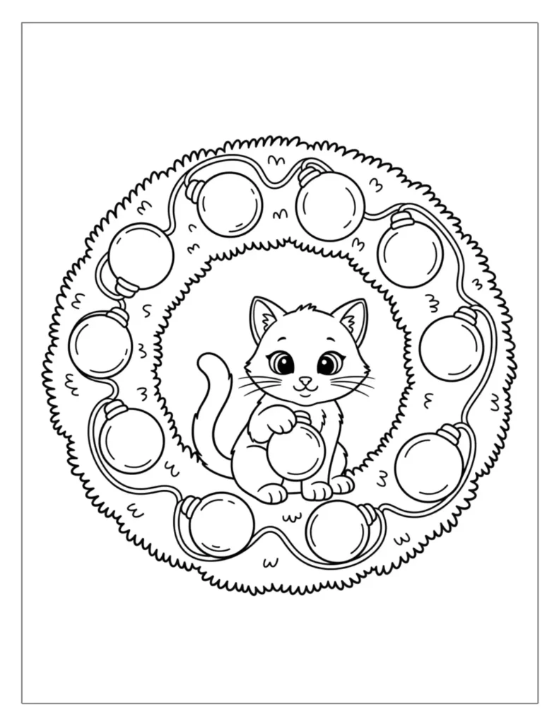 21 Christmas Wreath Coloring Pages (Free Printable PDF) 11 Wreath with Cat and Lights