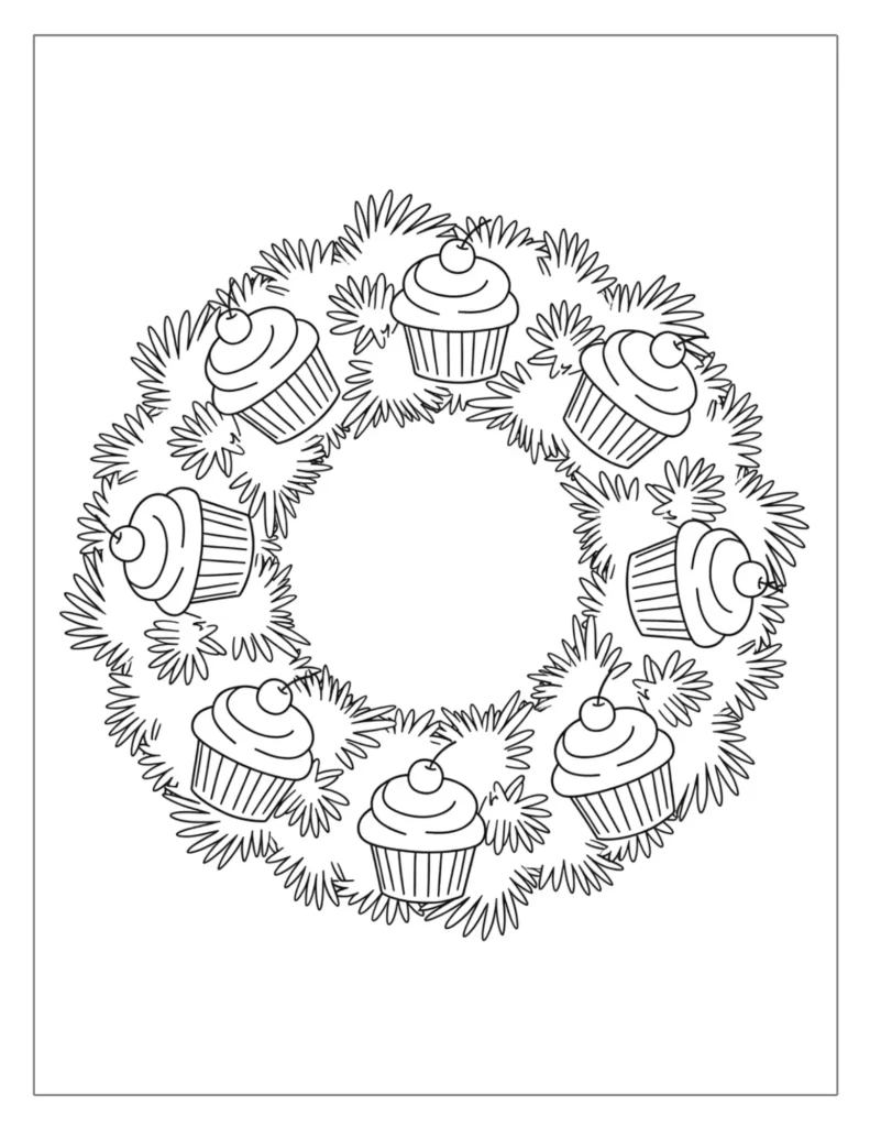 21 Christmas Wreath Coloring Pages (Free Printable PDF) 15 Wreath with Cupcakes
