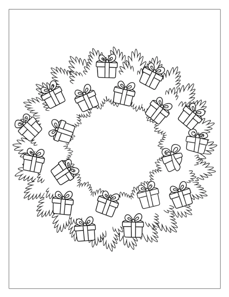 21 Christmas Wreath Coloring Pages (Free Printable PDF) 20 Wreath with Gift Boxes