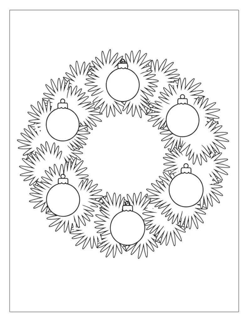 21 Christmas Wreath Coloring Pages (Free Printable PDF) 4 Wreath with Hanging Baubles
