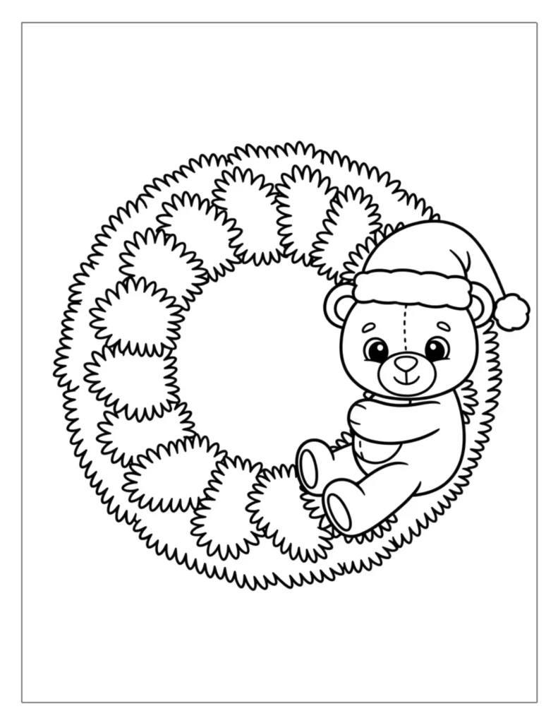 21 Christmas Wreath Coloring Pages (Free Printable PDF) 8 Wreath with Teddy Bear