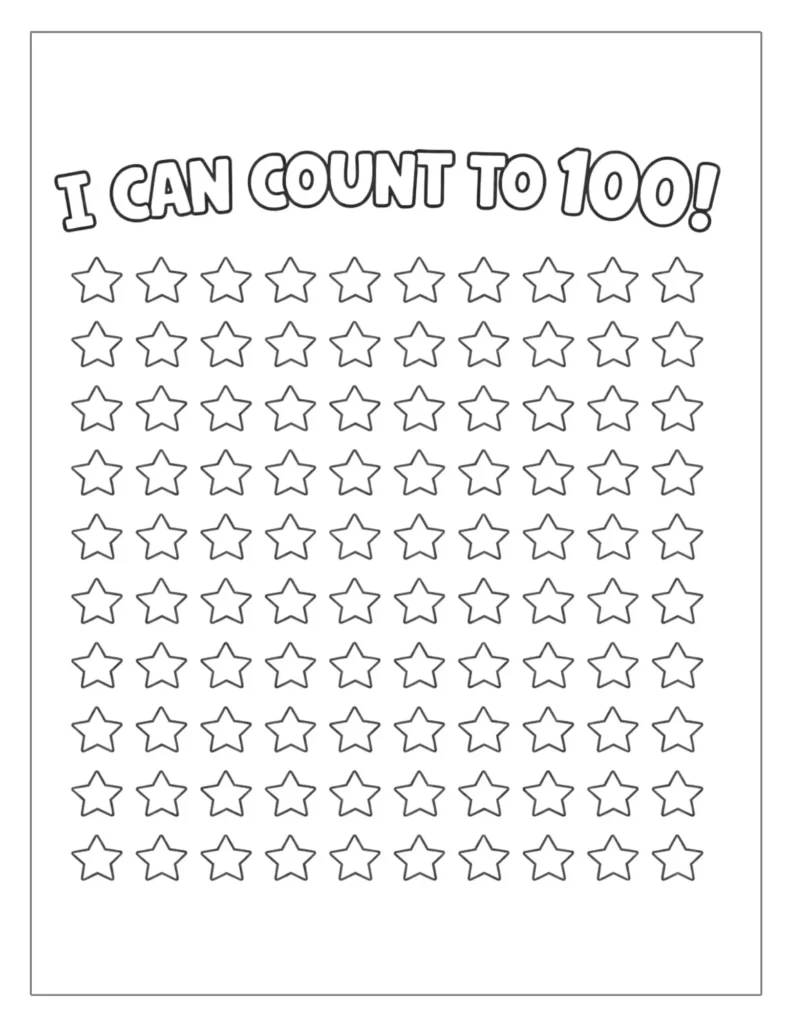 100th Day of School Coloring Pages (Free Printable PDF) 4 Counting to 100 stars coloring page activity